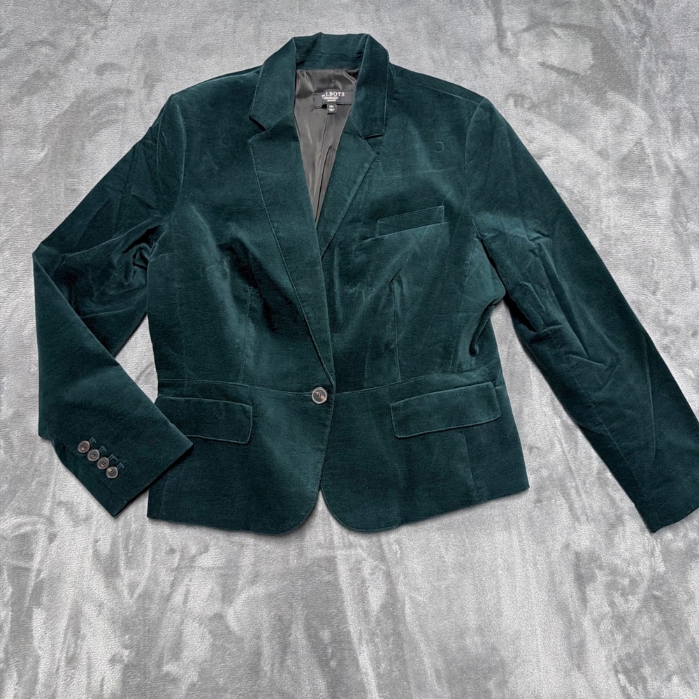 Talbots Velvet Blazer Womens 14P Forest Green Office Holiday Cropped